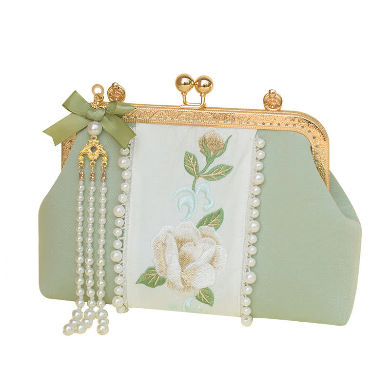 PaleGreen Floral Embroidery Crossbody Bag with Pearl Pendant