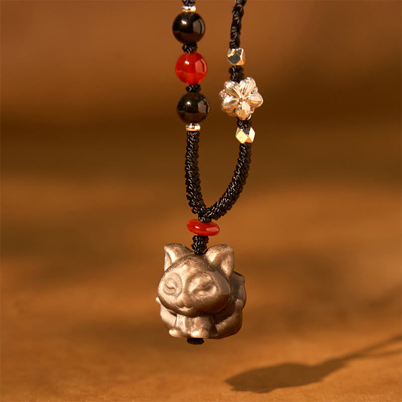 Silver Sheen Obsidian Nine Tailed Fox Protection Necklace