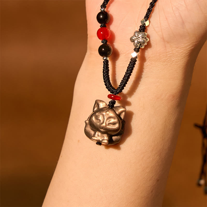 Silver Sheen Obsidian Nine Tailed Fox Protection Necklace