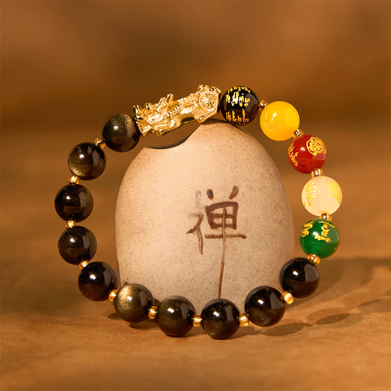 10mm Gold Sheen Obsidian Five Directions Gods of Wealth Protection Bracelet