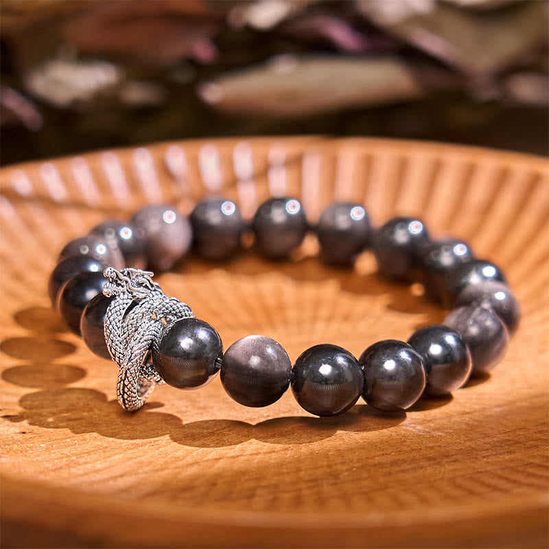 10mm Silver Sheen Obsidian Dragon Protection Bracelet
