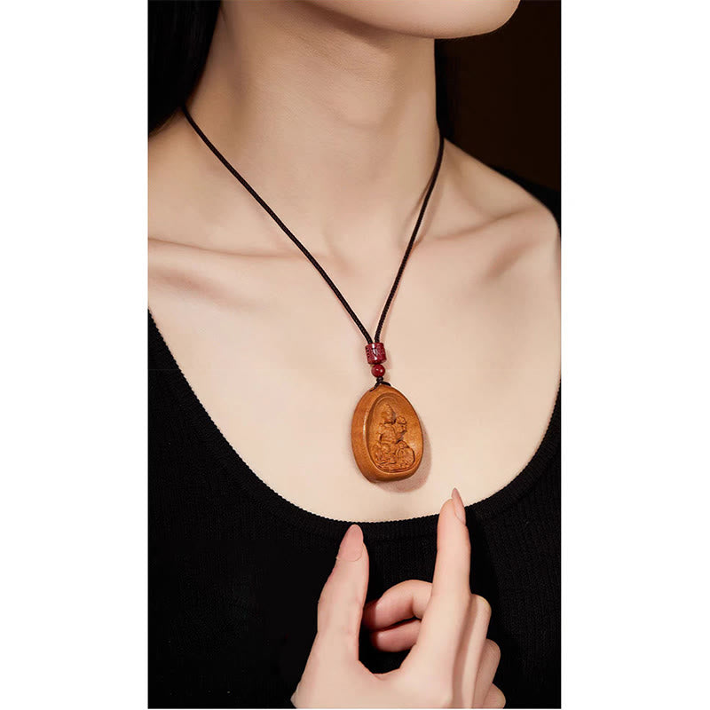 Peach Wood Chinese Zodiac Necklace with Om Mani Padme Hum Pendant