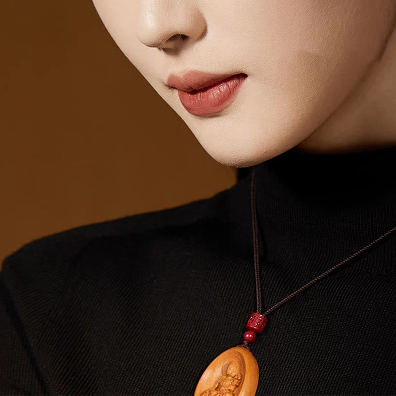 Peach Wood Chinese Zodiac Necklace with Om Mani Padme Hum Pendant