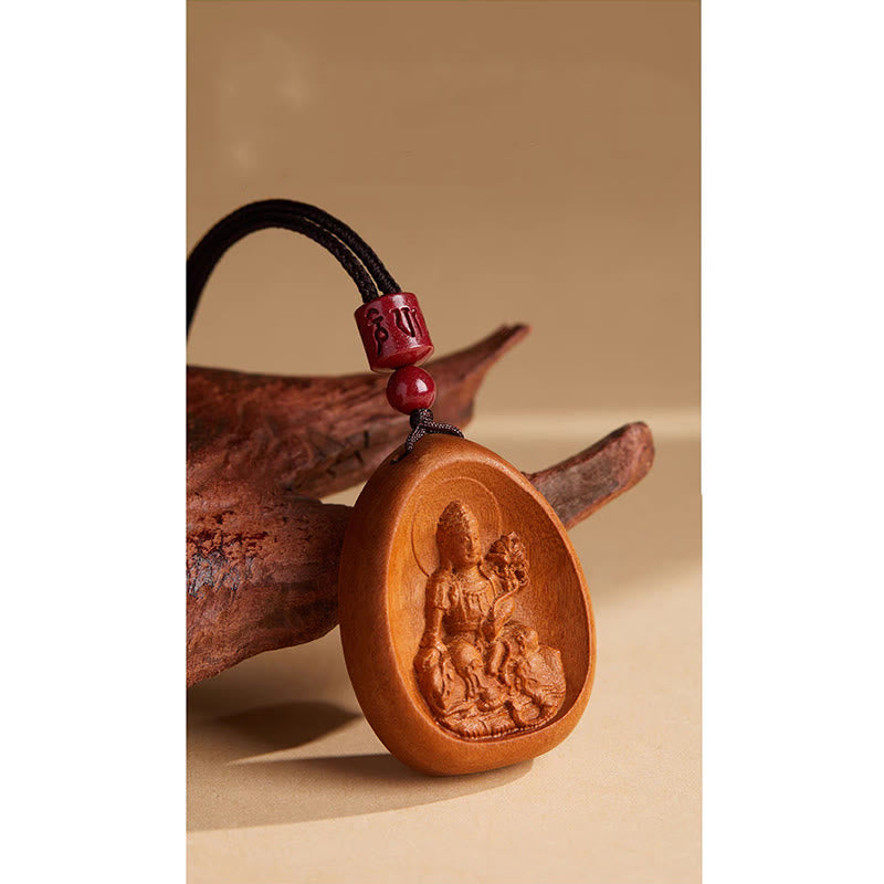 Peach Wood Chinese Zodiac Necklace with Om Mani Padme Hum Pendant