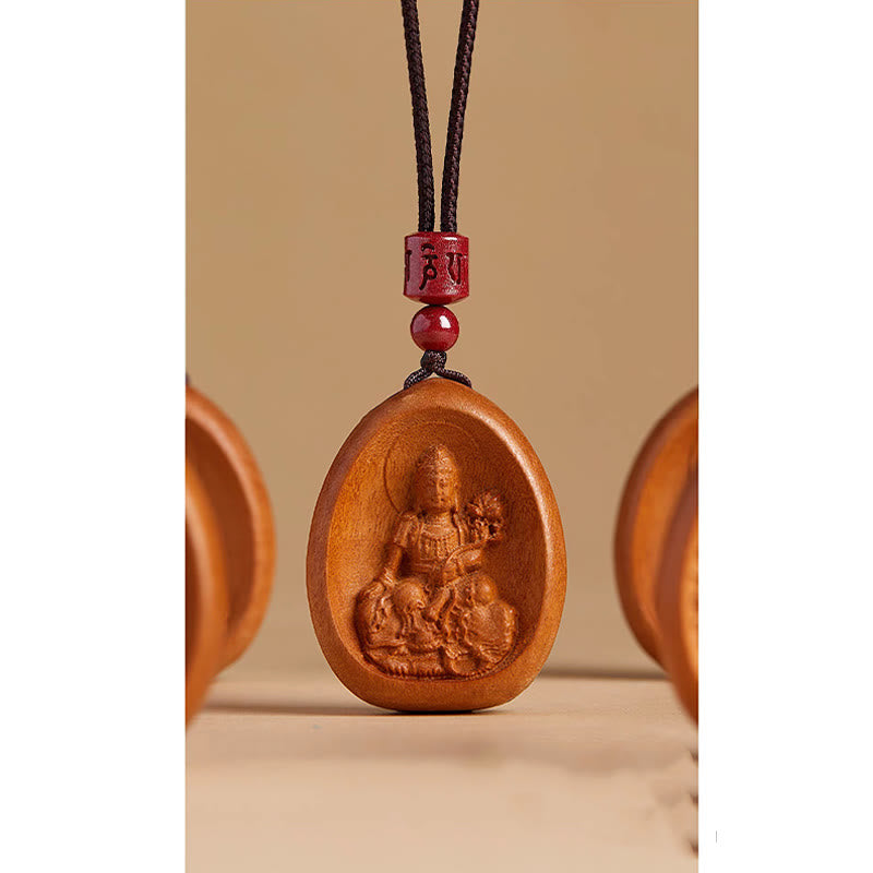 Peach Wood Chinese Zodiac Necklace with Om Mani Padme Hum Pendant