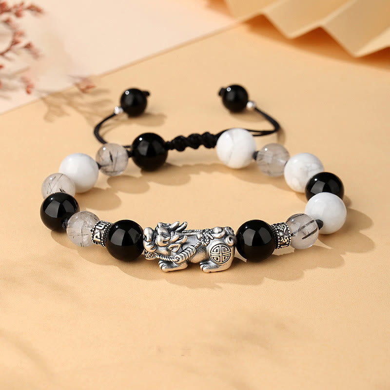 Unisex 999 Sterling Silver Black Obsidian Bracelet for Luck