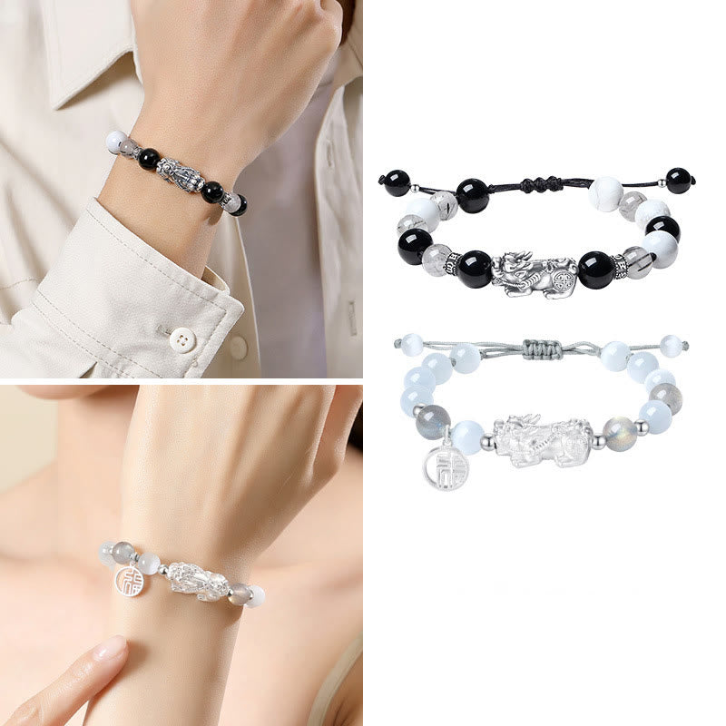 Unisex 999 Sterling Silver Black Obsidian Bracelet for Luck