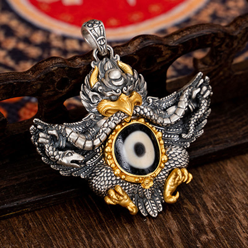 925 Sterling Silver Garuda Dzi Bead Spiritual Protection Necklace