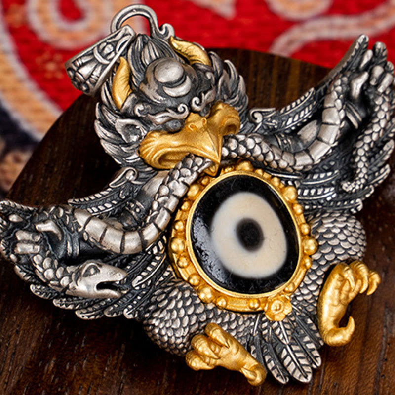 925 Sterling Silver Garuda Dzi Bead Spiritual Protection Necklace
