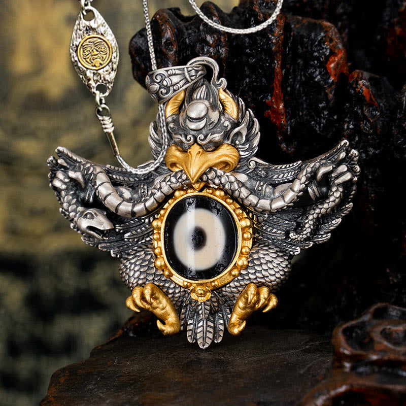925 Sterling Silver Garuda Dzi Bead Spiritual Protection Necklace