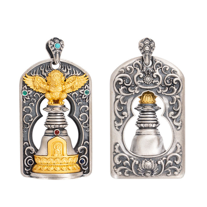 925 Sterling Silver Tibetan Garuda Bird Vajra Dorje Bell Pendant