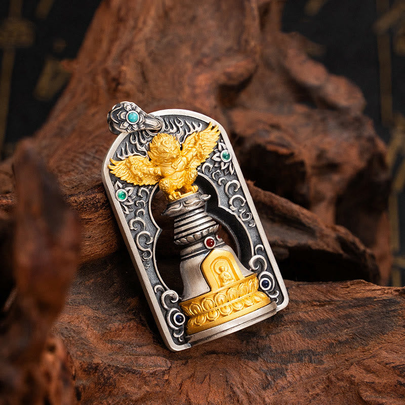 925 Sterling Silver Tibetan Garuda Bird Vajra Dorje Bell Pendant