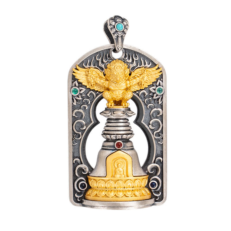 925 Sterling Silver Tibetan Garuda Bird Vajra Dorje Bell Pendant