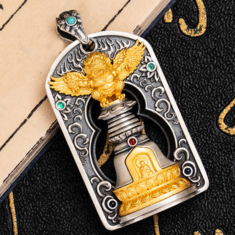 925 Sterling Silver Tibetan Garuda Bird Vajra Dorje Bell Pendant
