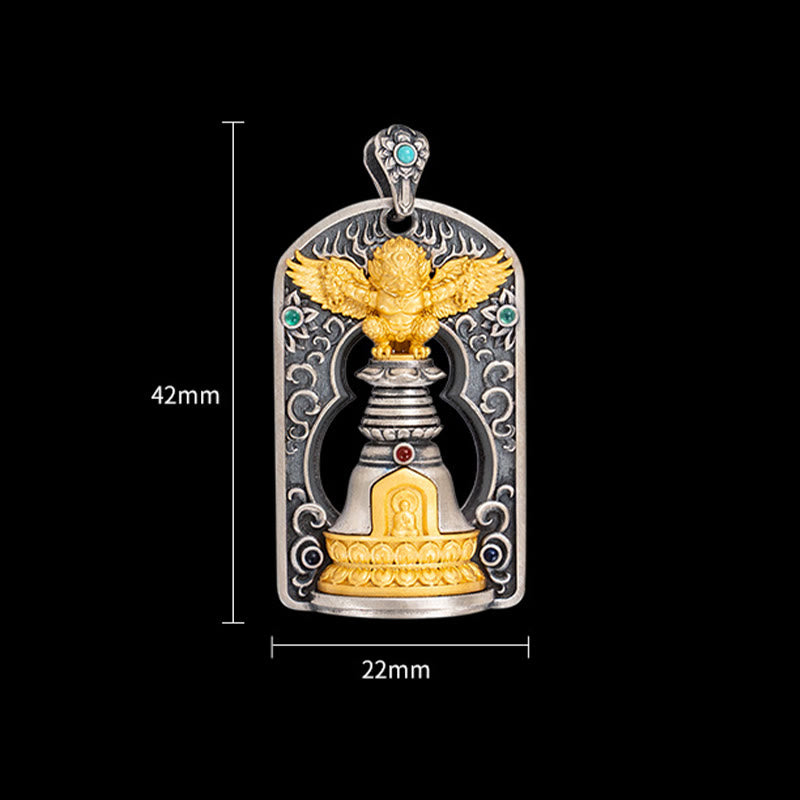 925 Sterling Silver Tibetan Garuda Bird Vajra Dorje Bell Pendant