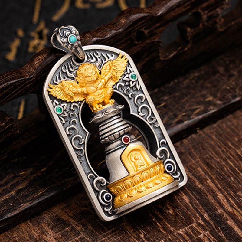 925 Sterling Silver Tibetan Garuda Bird Vajra Dorje Bell Pendant