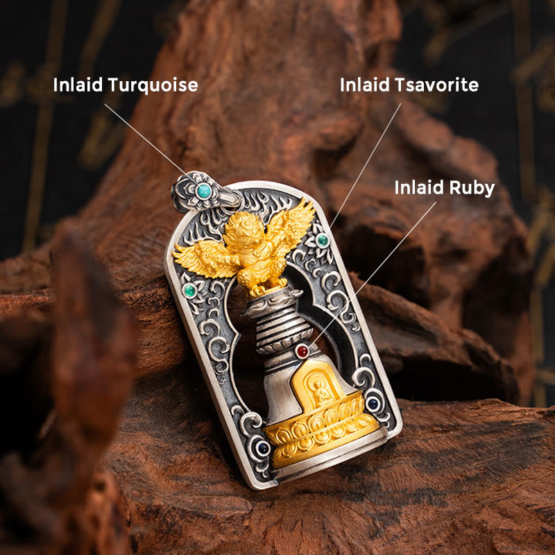 925 Sterling Silver Tibetan Garuda Bird Vajra Dorje Bell Pendant