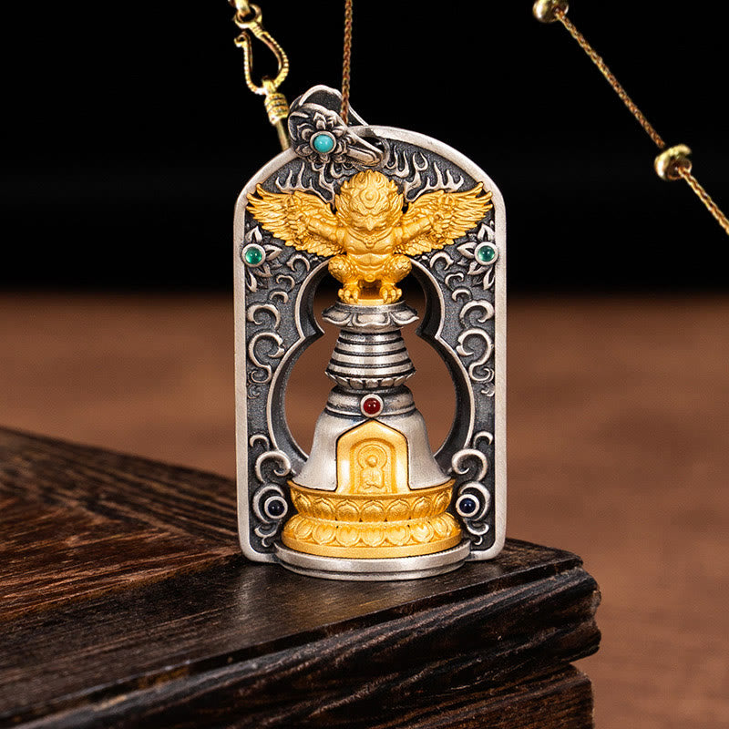 925 Sterling Silver Tibetan Garuda Bird Vajra Dorje Bell Pendant