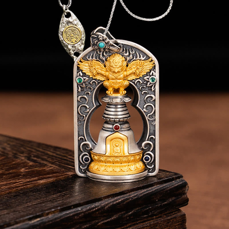 925 Sterling Silver Tibetan Garuda Bird Vajra Dorje Bell Pendant