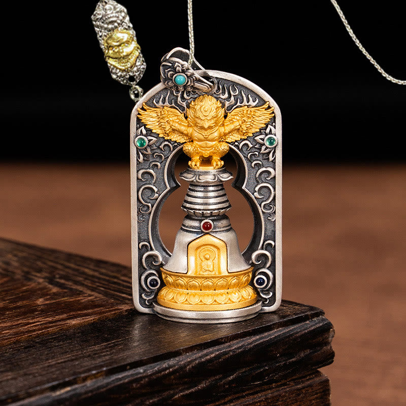 925 Sterling Silver Tibetan Garuda Bird Vajra Dorje Bell Pendant