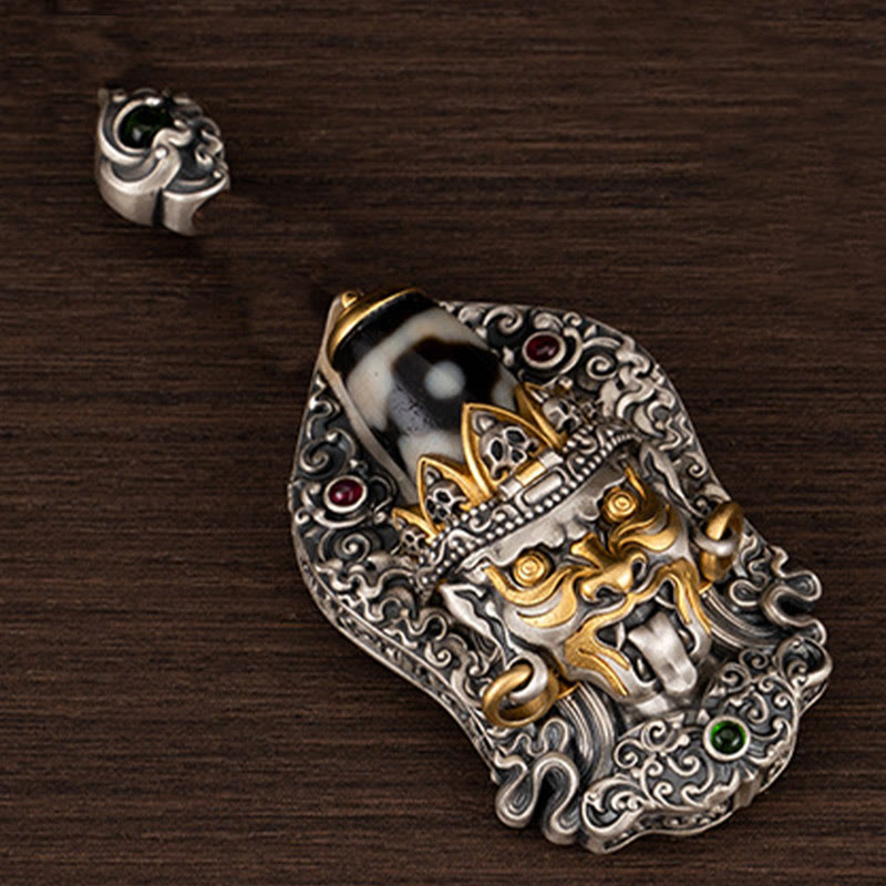 Tibetan Zakiram Dzi Bead Necklace 925 Silver Pendant Protection