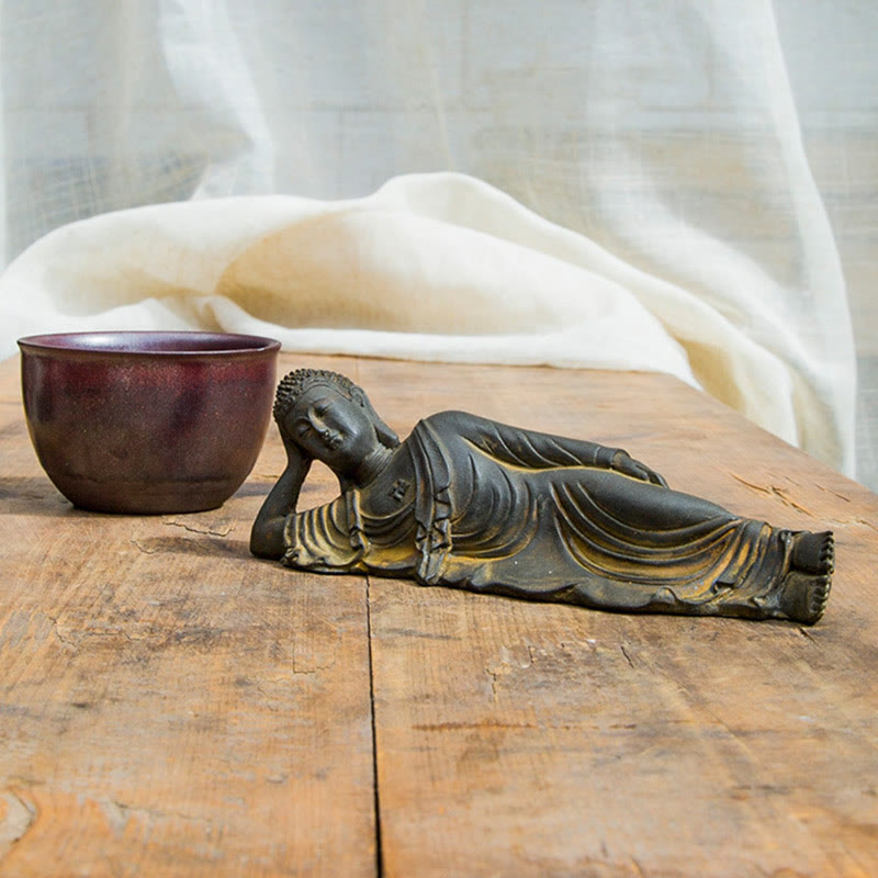 Reclining Buddha Statue Iron Powder Rust Cast 17.5cm Sculpture