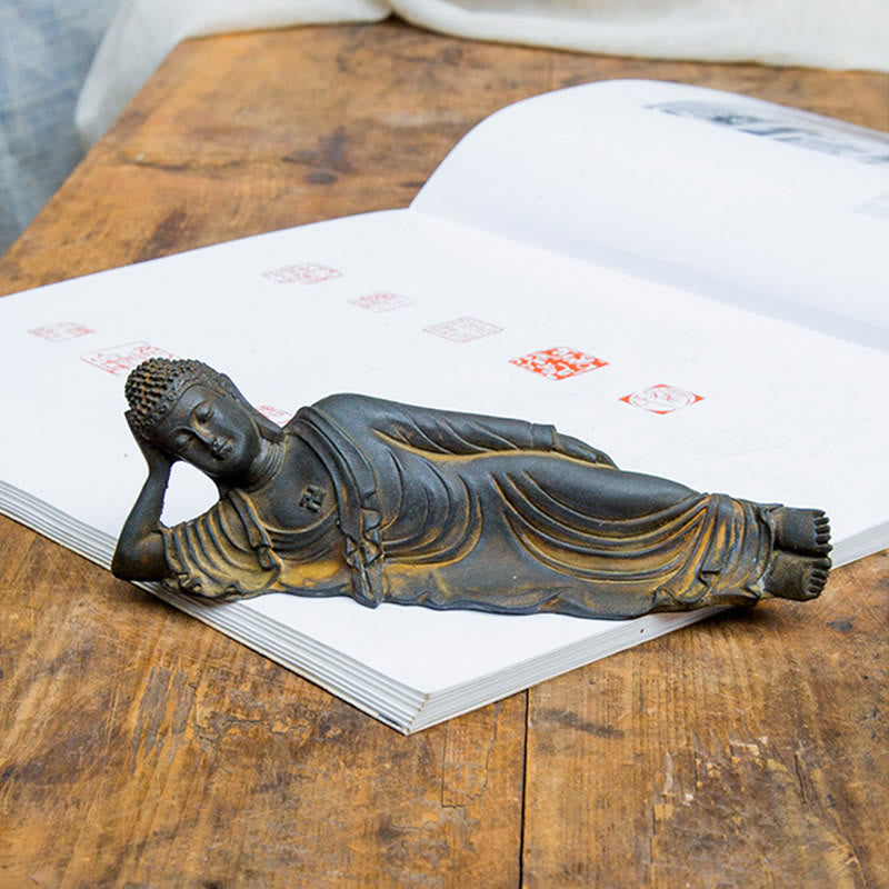 Reclining Buddha Statue Iron Powder Rust Cast 17.5cm Sculpture