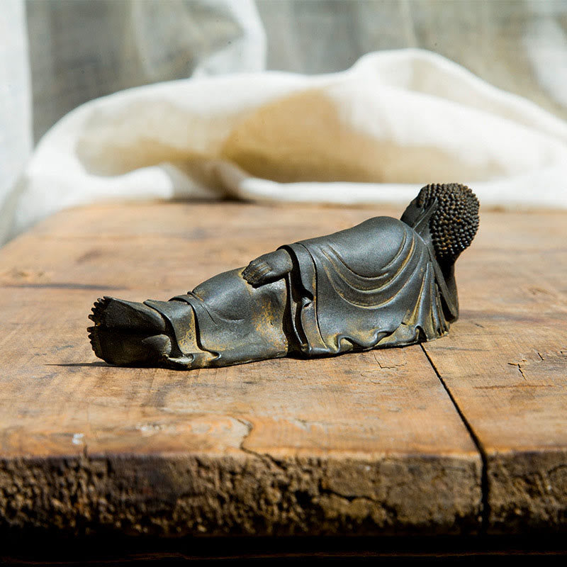Reclining Buddha Statue Iron Powder Rust Cast 17.5cm Sculpture