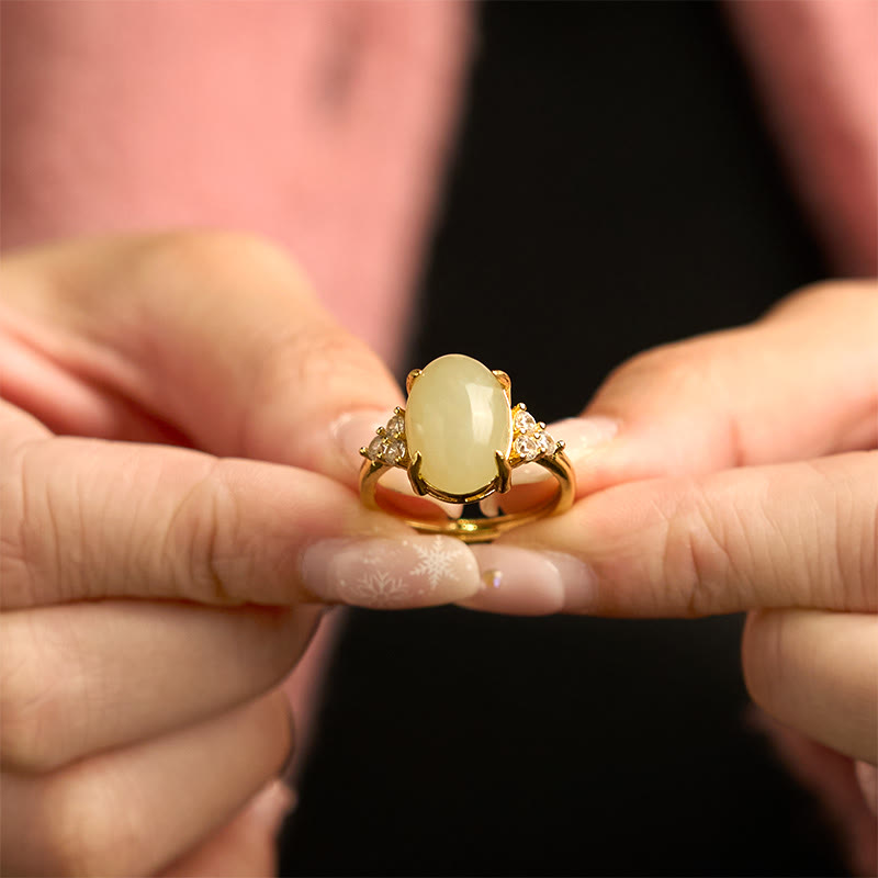 14x10mm Hetian Jade Egg Alloy Ring for Prosperity & Balance