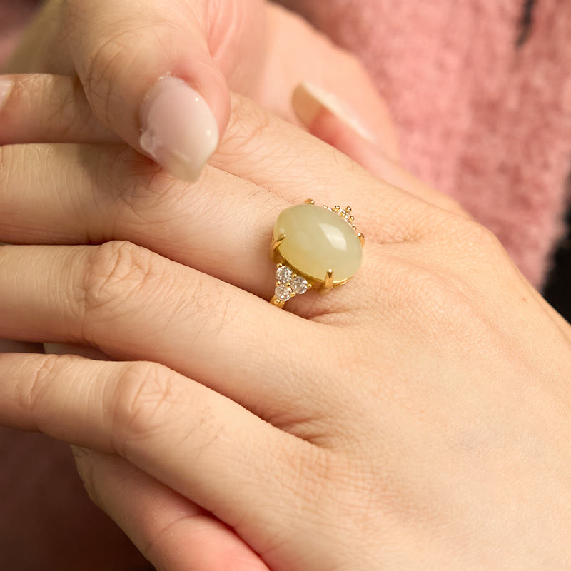 14x10mm Hetian Jade Egg Alloy Ring for Prosperity & Balance