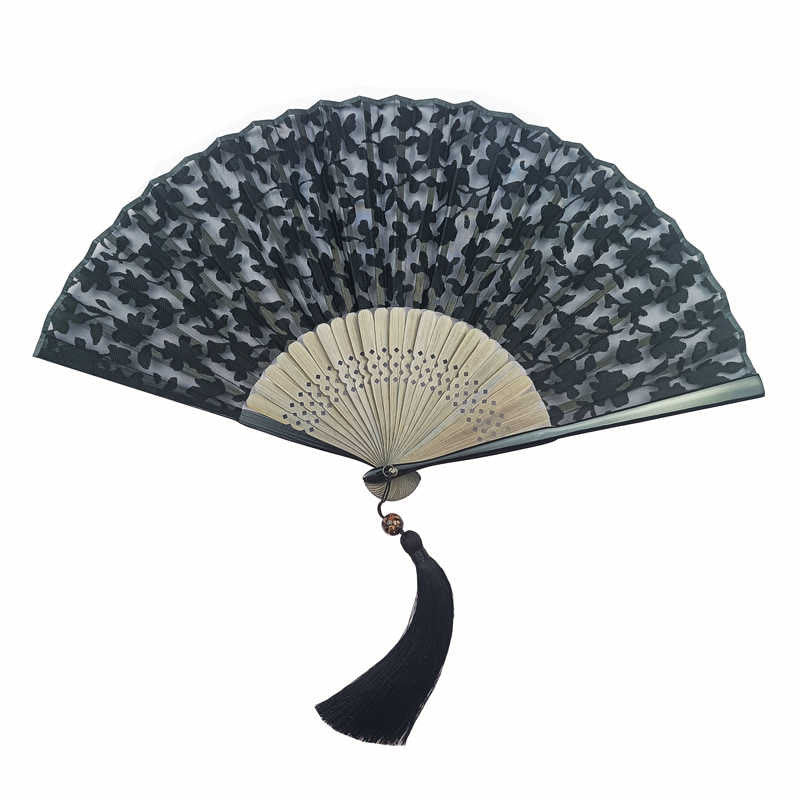 Chinese Folding Fan Retro Leaves Flower Silk Bamboo Handheld