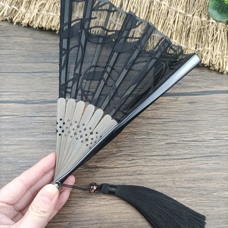 Chinese Folding Fan Retro Leaves Flower Silk Bamboo Handheld
