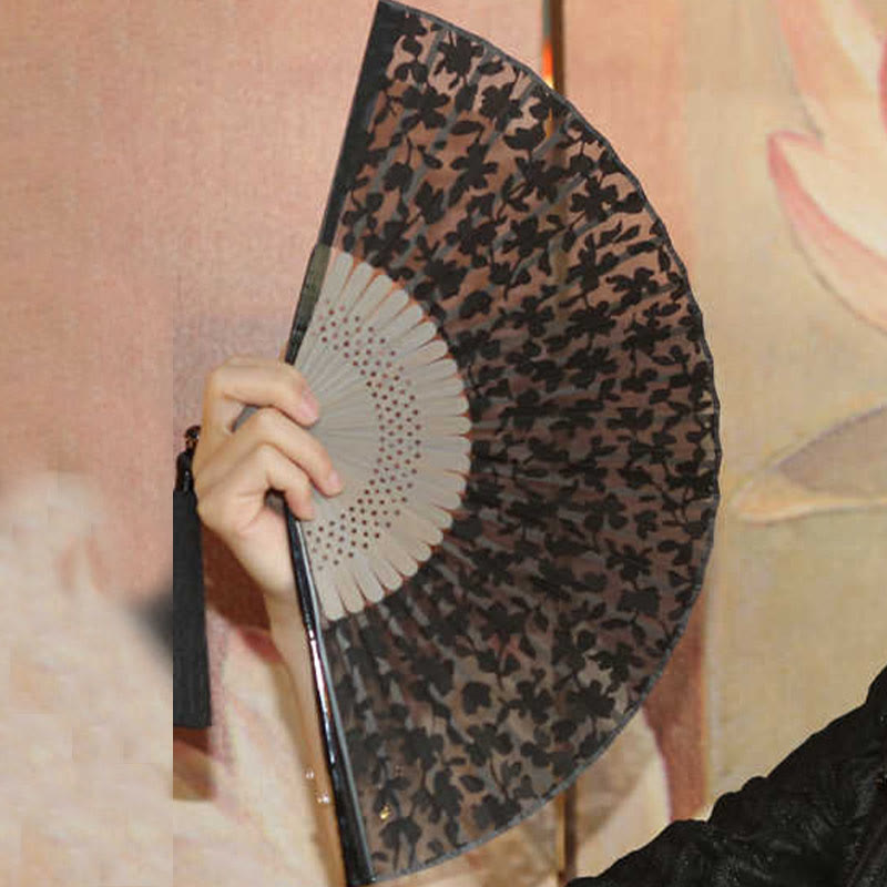 Chinese Folding Fan Retro Leaves Flower Silk Bamboo Handheld