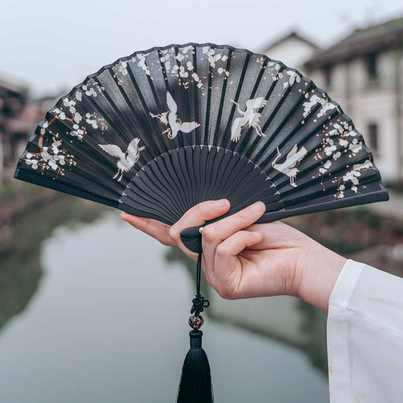Traditional Black Plum Blossom Crane Silk Fan 18cm