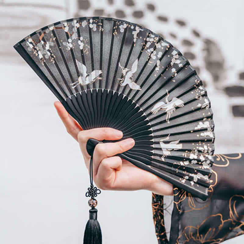 Traditional Black Plum Blossom Crane Silk Fan 18cm