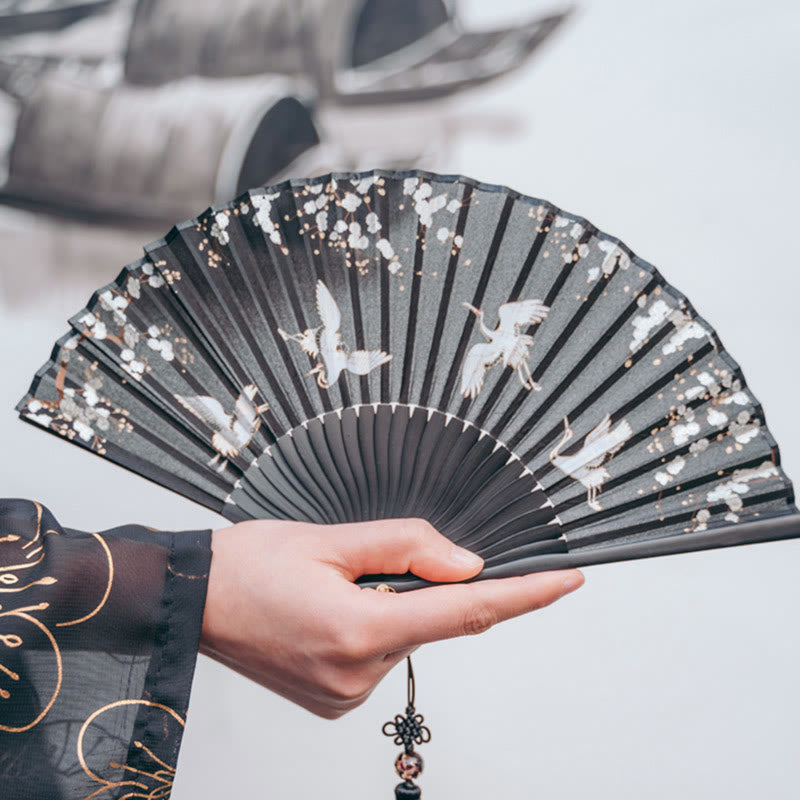 Traditional Black Plum Blossom Crane Silk Fan 18cm