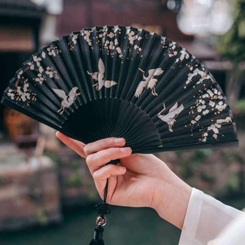 Traditional Black Plum Blossom Crane Silk Fan 18cm
