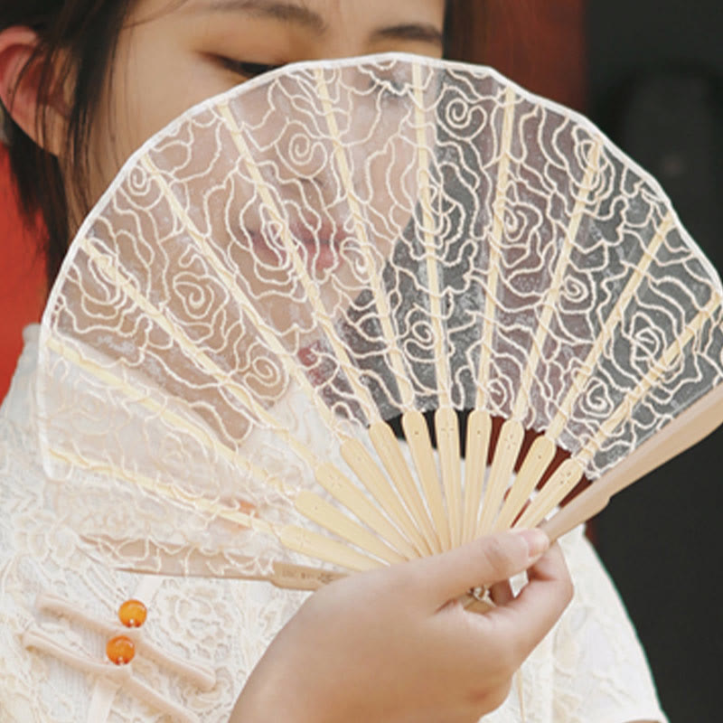 OldLace Rose Embroidery Chinese Folding Fan 22cm