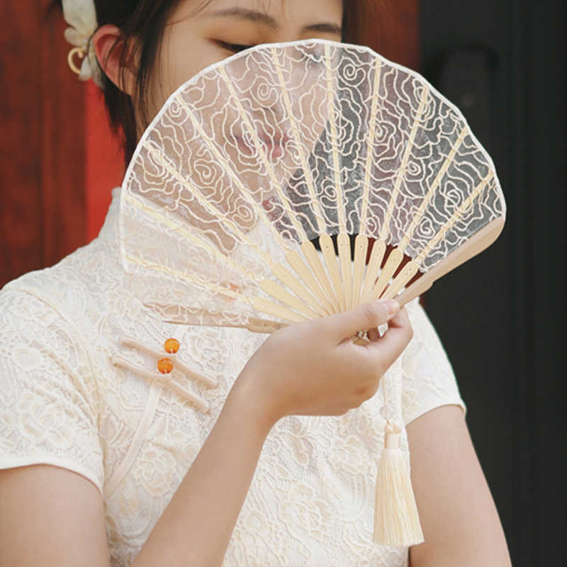 OldLace Rose Embroidery Chinese Folding Fan 22cm