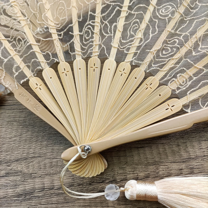 OldLace Rose Embroidery Chinese Folding Fan 22cm