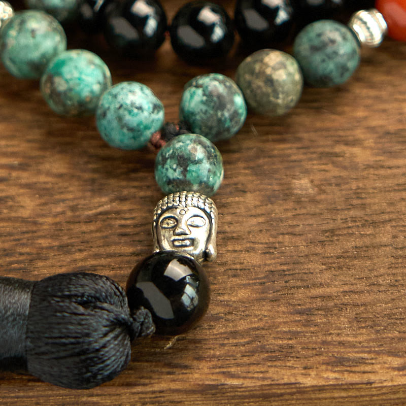 108 Bead Black Onyx Red Jasper Turquoise Gemstone Mala Bracelet