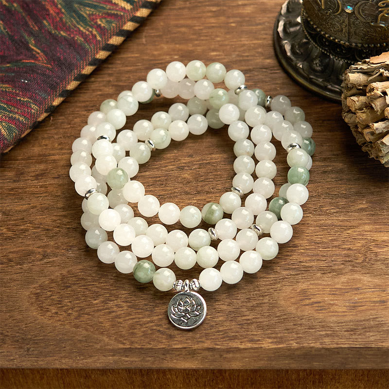108 Beads Tianshan Jade Lotus Luck Bracelet 8mm