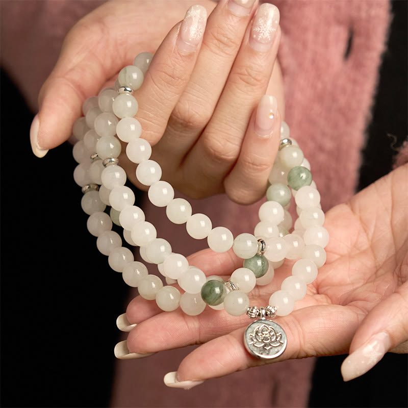 108 Beads Tianshan Jade Lotus Luck Bracelet 8mm