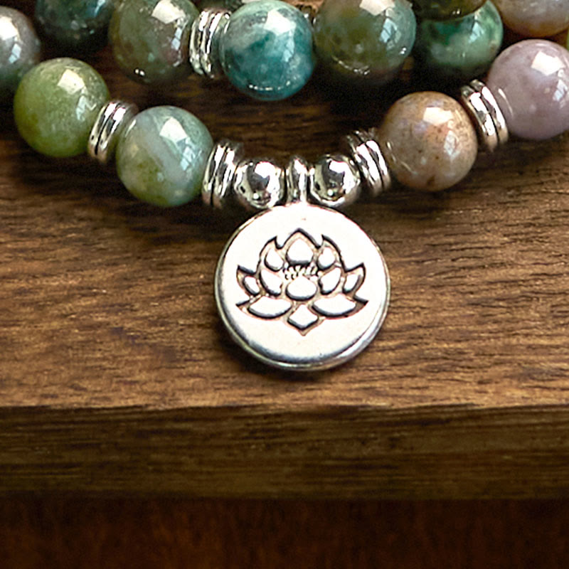 108 Beads Indian Agate Lotus Calm Bracelet for Meditation