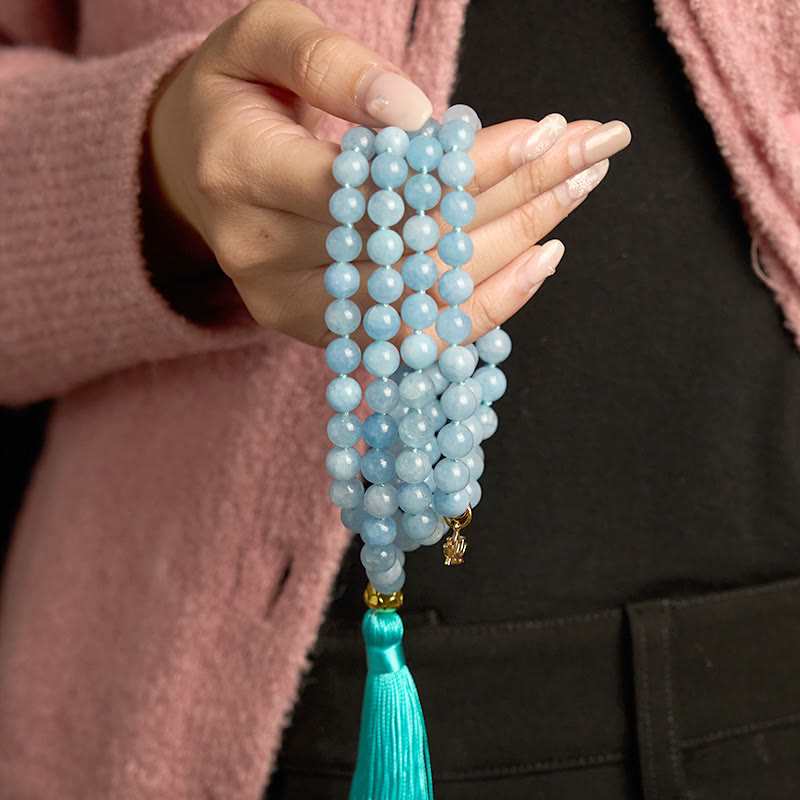 108 Beads Aquamarine Healing Bracelet with Lotus Pendant