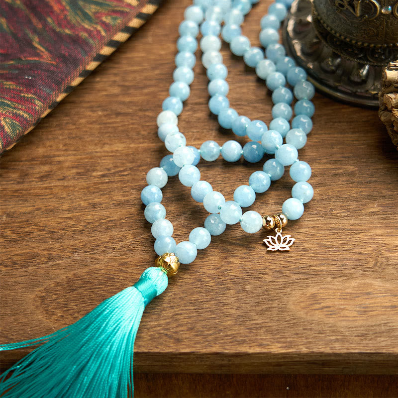 108 Beads Aquamarine Healing Bracelet with Lotus Pendant