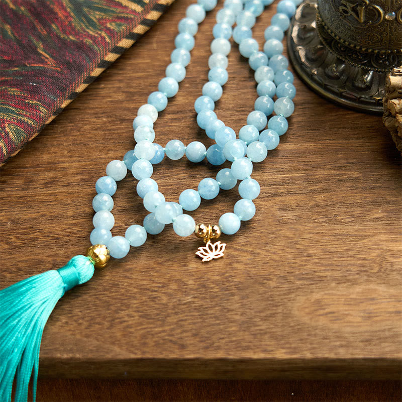 108 Beads Aquamarine Healing Bracelet with Lotus Pendant