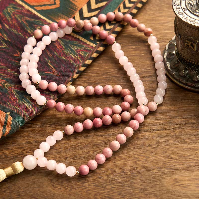 108 Bead Rhodonite Rose Quartz Mala Bracelet for Healing Harmony