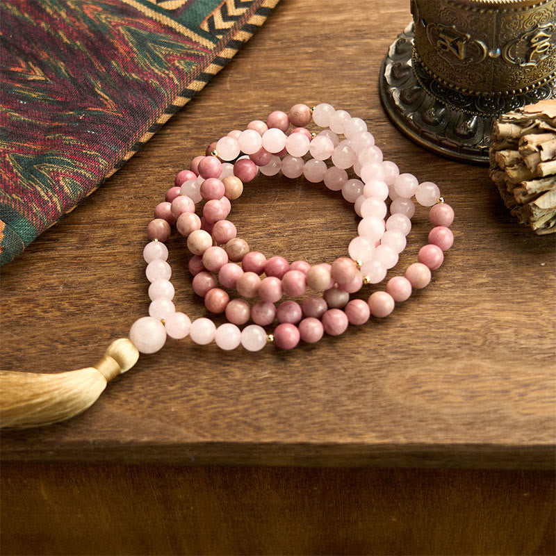 108 Bead Rhodonite Rose Quartz Mala Bracelet for Healing Harmony