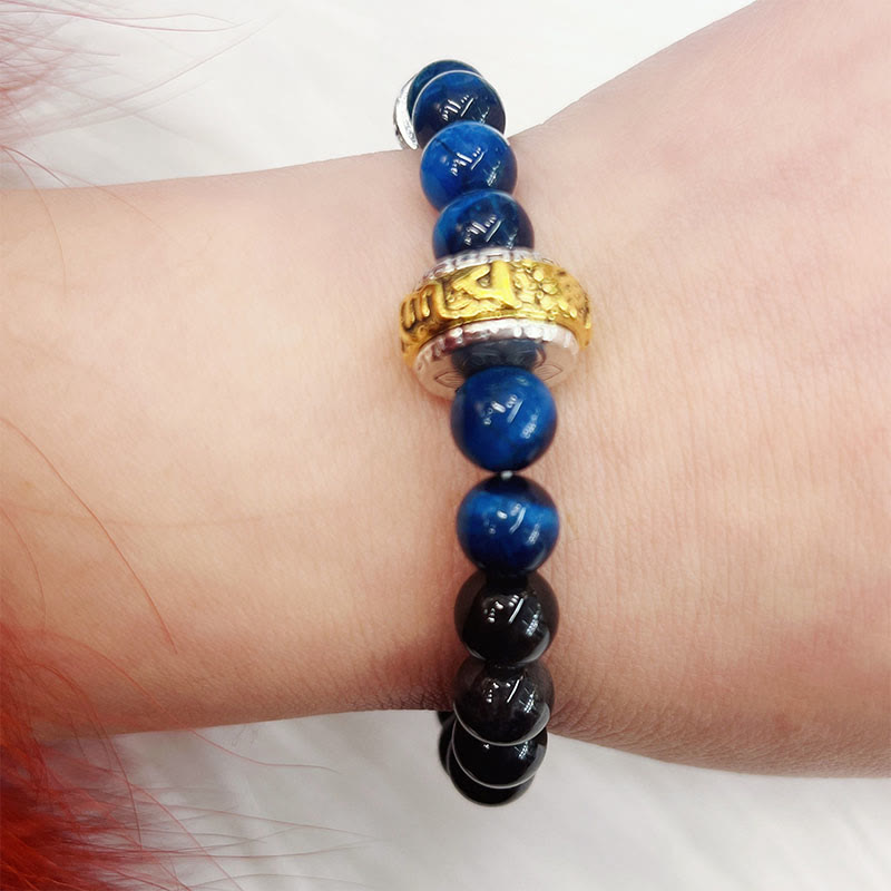 8mm Silver Sheen Obsidian Protection Bracelet with Blue Tiger Eye